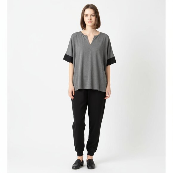 Natori Women's Gray & Black Short Sleeve Drape Oversize Tunic V Neck Top L - Picture 6 of 6